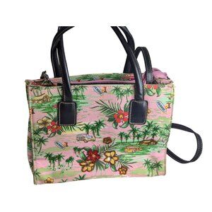 Joe Boxer Hawaiian Beaded Canvas Tote Bag With Pink Tropical Print & Black Faux